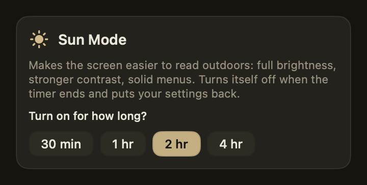 The Sun Mode card in DisplayDial, offering 30 min, 1 hr, 2 hr and 4 hr, with 2 hr suggested
