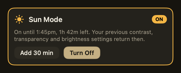 The Sun Mode card while on: on until 1:45pm, 1h 42m left, with Add 30 min and Turn Off