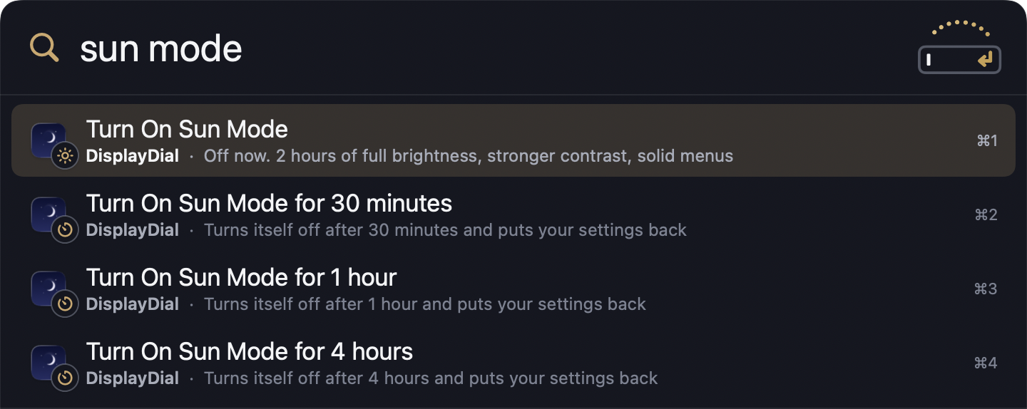 Jump Valet with sun mode typed, listing Turn On Sun Mode rows credited to DisplayDial