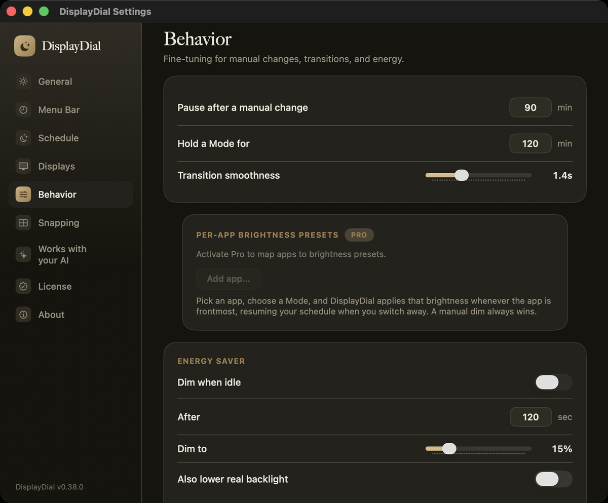 DisplayDial Settings, Behavior pane