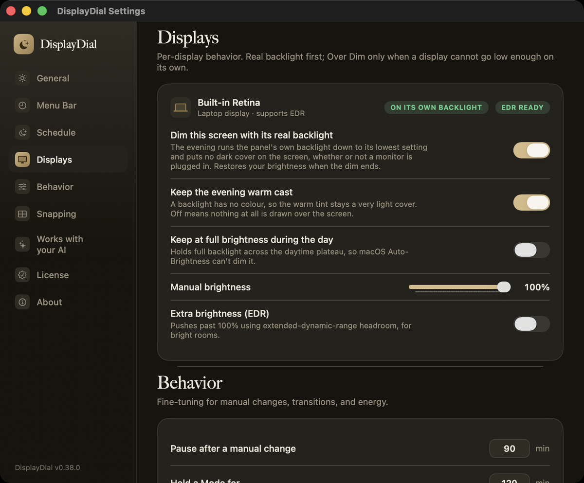 DisplayDial Settings, Displays pane