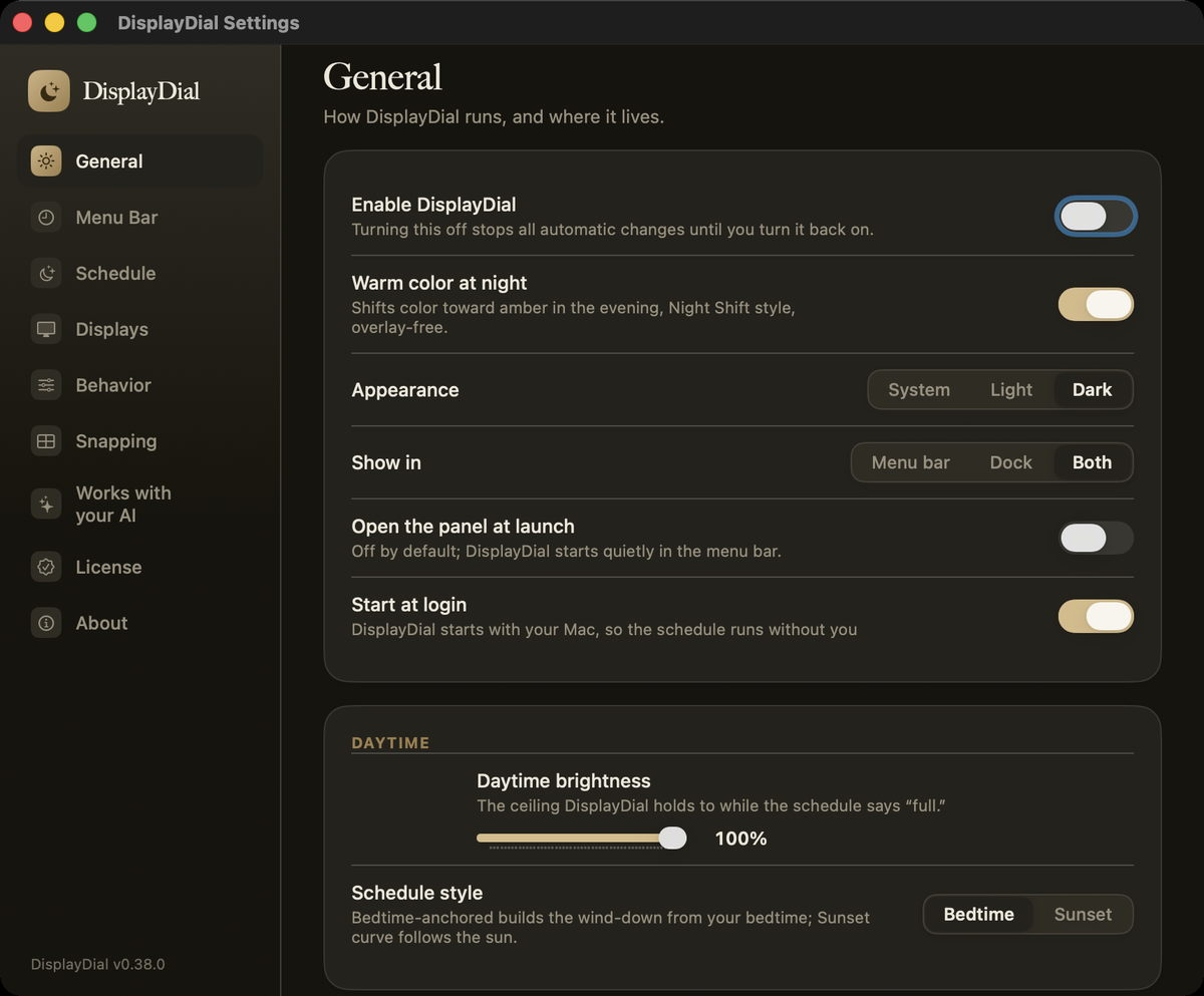 DisplayDial Settings, General pane