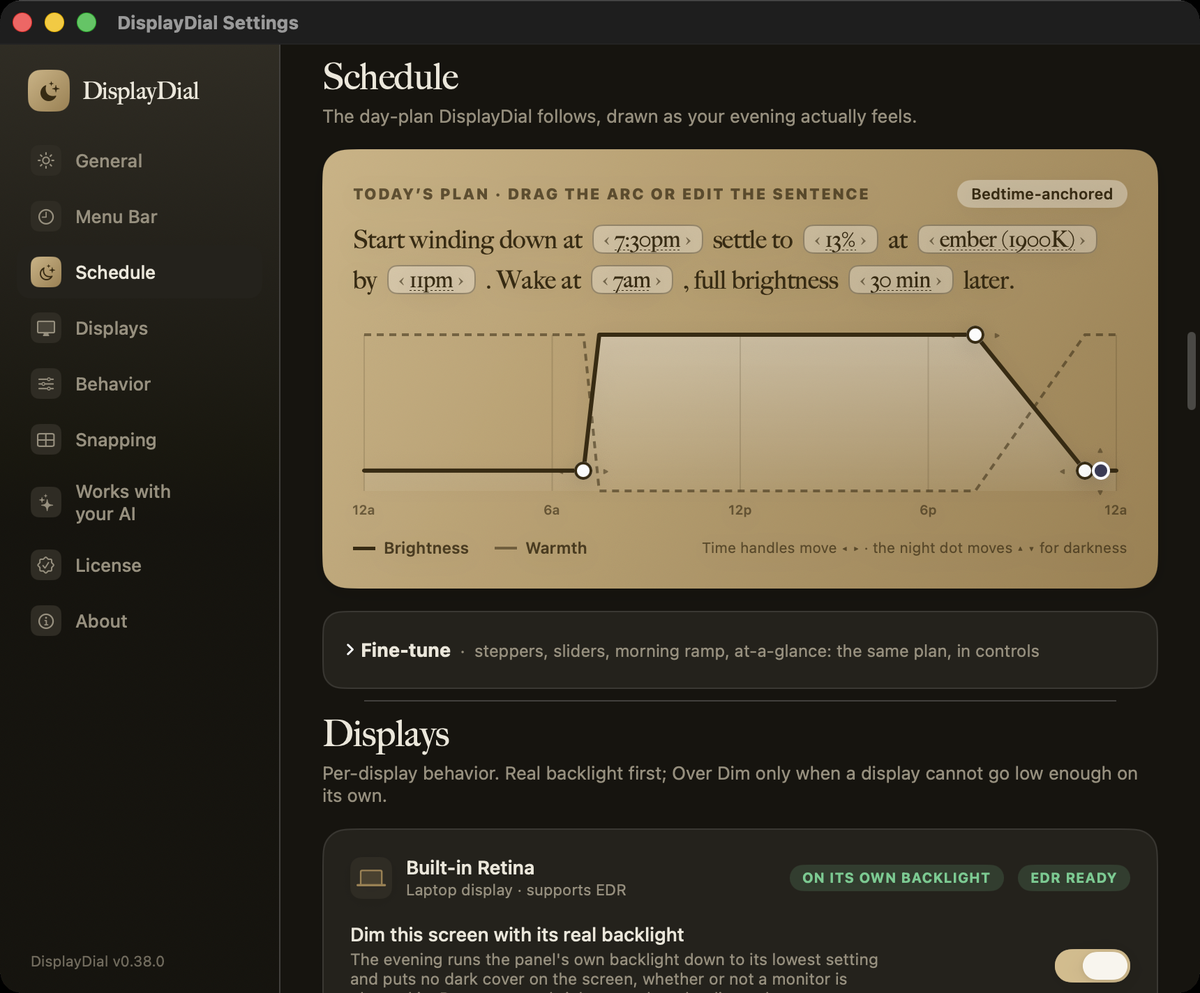 DisplayDial Settings, Schedule pane with the draggable day arc